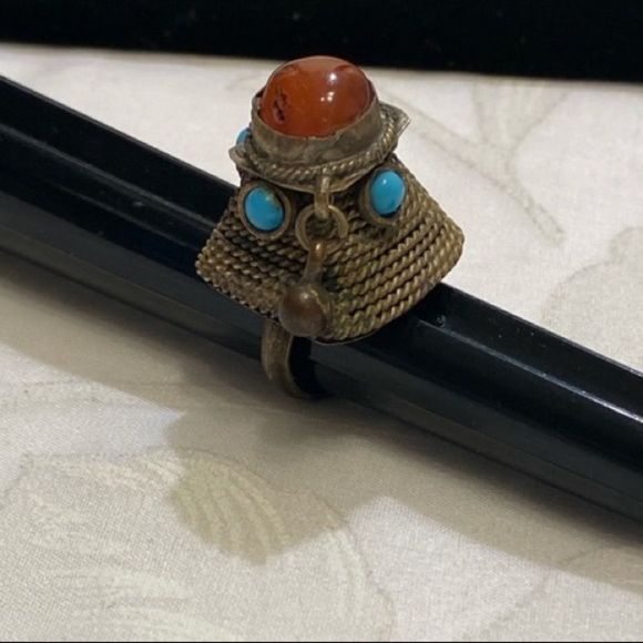 Antique Amber And Turquoise Brass Dome Ring - Picture 10 of 16